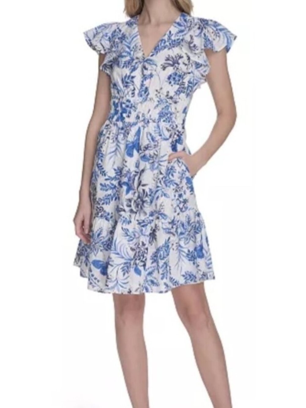Eliza J Blue White Floral Eyelet Flutter Sleeve Fit & Flare Dress Women's 8